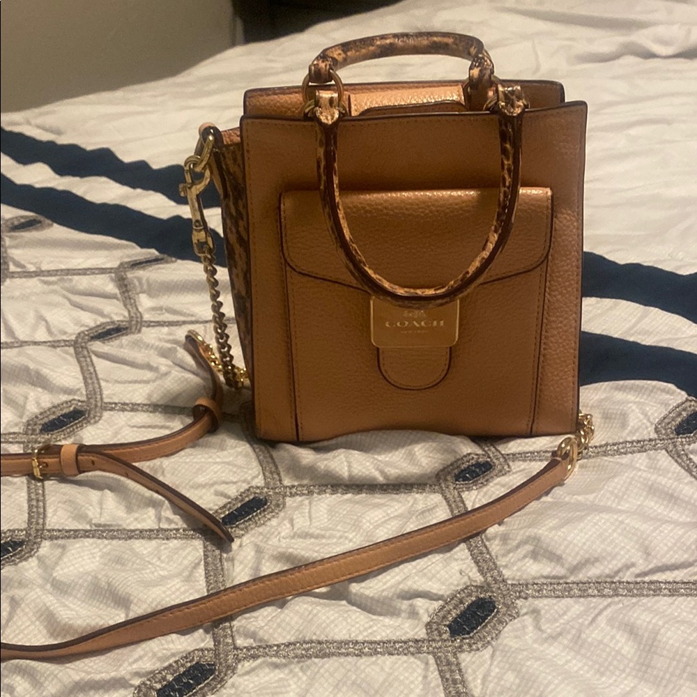 Coach Brown and Pink Crossbody Bag with Adjustable Strap and Textured Leather